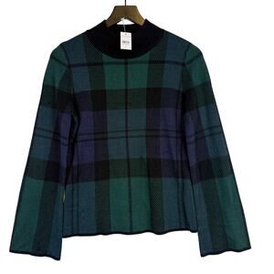 NWT Ann Taylor Mock Neck Plaid Green Black Flared Sleeve Sweater - S